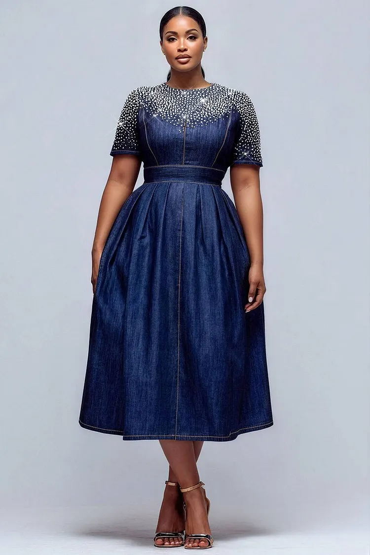 Xpluswear Design Plus Size Business Casual Blue Round Neck Short Sleeve Drilling Pocket Tencel Denim Midi Dresses [Pre-Order] 2024 - Xpluswear