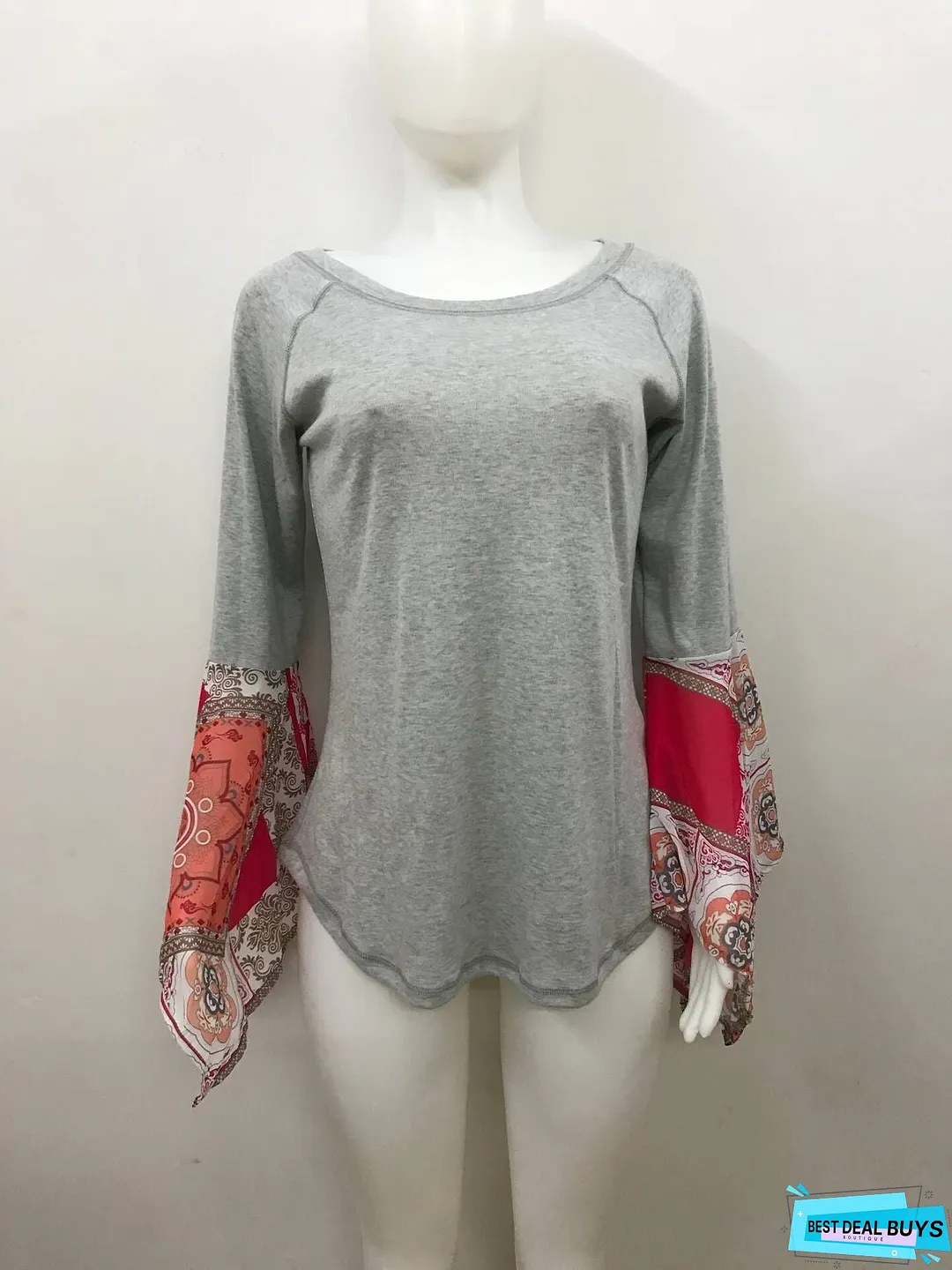 Autumn Solid Color Round Neck Long Sleeve Print Loose Stitching Top