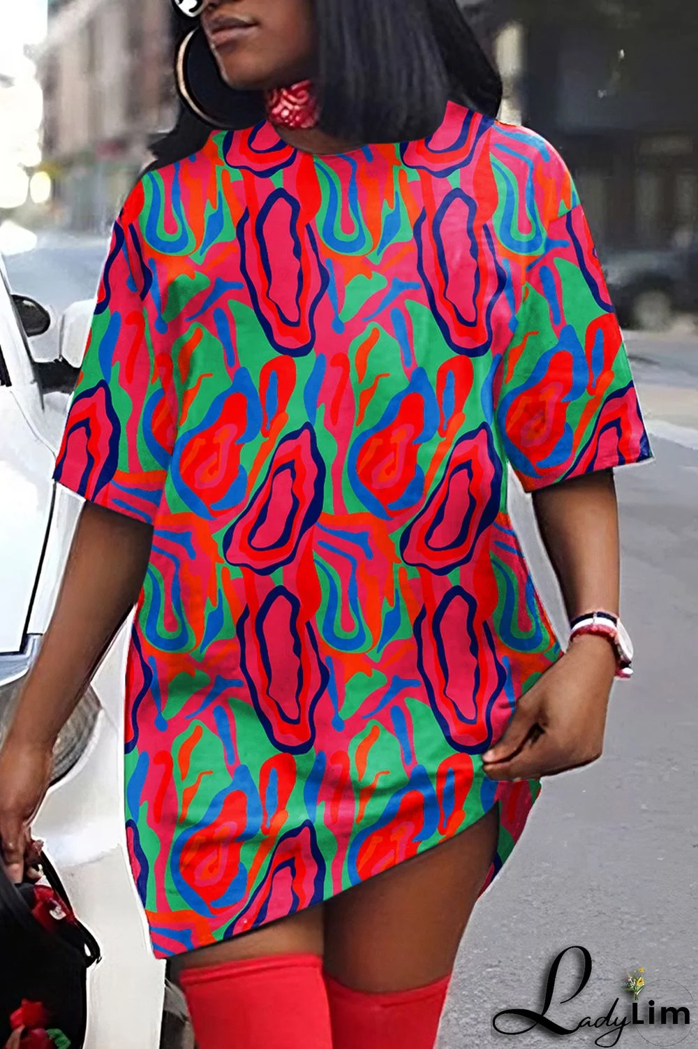 Yellow Casual Print Basic O Neck T-shirt Dress Short Sleeve Dress