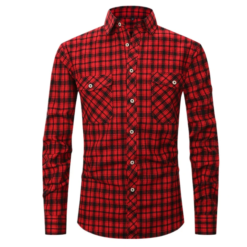 Men's Flannel Plaid Long Sleeve Double Pocket Shirt Light Weight Shirt Cotton Plaid Shirt for Men
