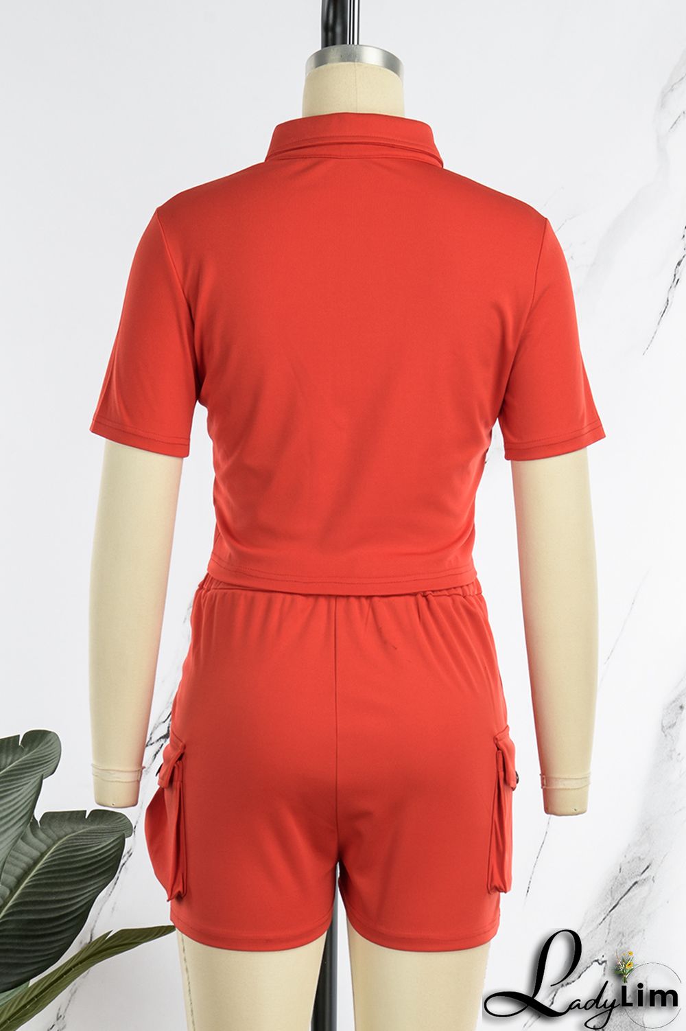 Red Casual Solid Patchwork Turndown Collar Short Sleeve Two Pieces