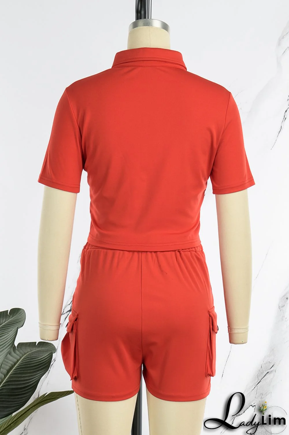 Red Casual Solid Patchwork Turndown Collar Short Sleeve Two Pieces