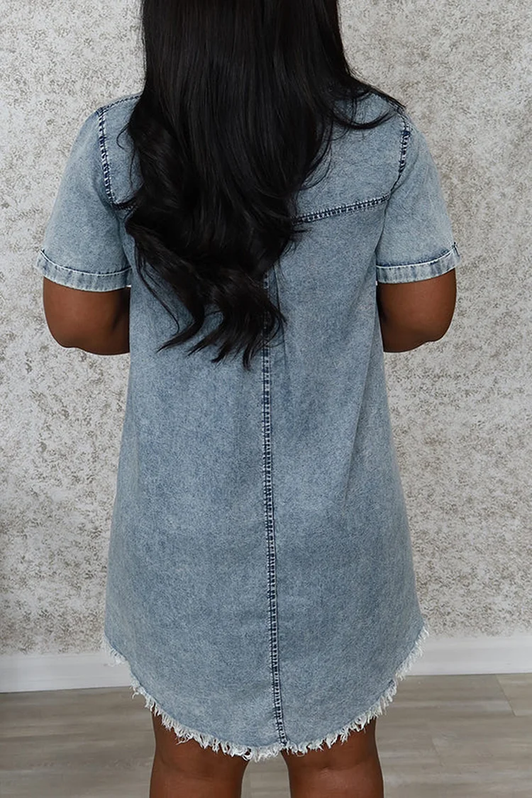 Plus Size Daily Light Blue Casual Turndown Collar Short Sleeve Trimmings Denim Mini Dresses [Pre-Order]