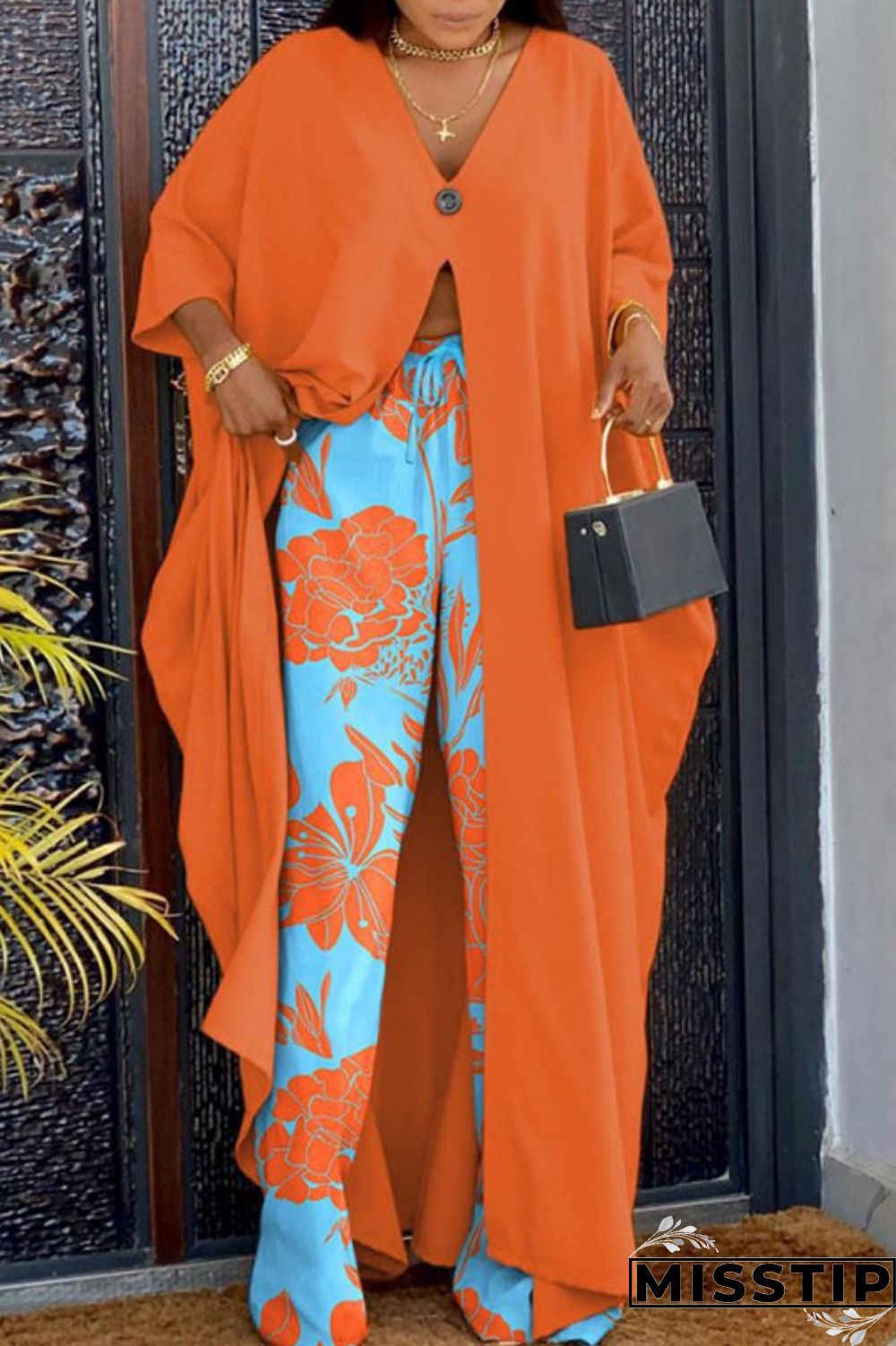 Orange Casual Print Patchwork V Neck Long Sleeve Two Pieces