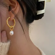 Gold Color Round Circle Twisted Hoop Earrings for Women  Fashion Pearl Pendant Dangle Earrings Temperament Jewelry Gift
