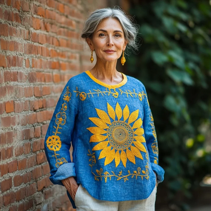 Ukrainian Sunflower Embroidery Crew Neck Linen Blend T-shirt