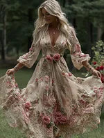 Women's Vintage Rose Floral Embroidery Art Casual V Neck Maxi Dress