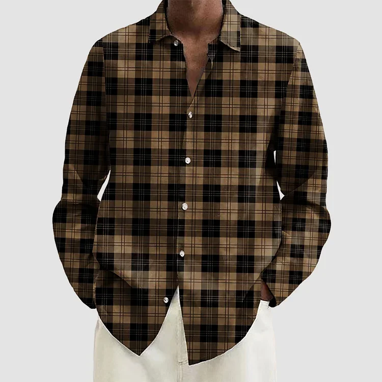 Men's Brown Retro Geometry Print | Long Sleeve Shirt