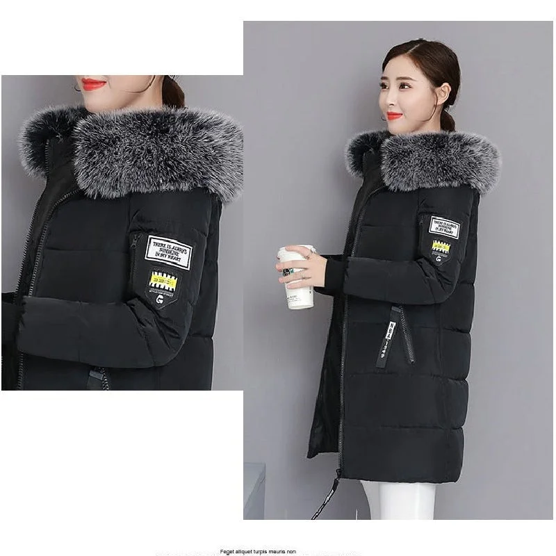 2021 Winter Jacket Hooded Fur Collar Women Parkas Outwear High Quality Parkas Female Slim Paddinh Parka Women Mid-Long Coats