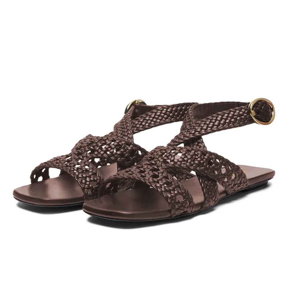 Brown Braided Detail Open Toe Strappy Flat Sandals for Women