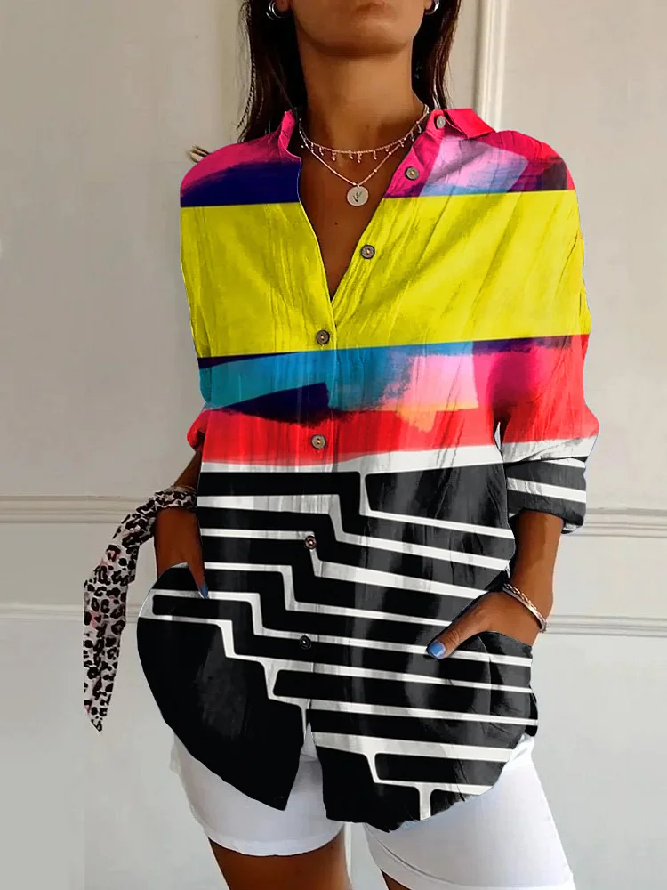 Vintage Abstract Art Stripe Print Casual Long Sleeve Shirt