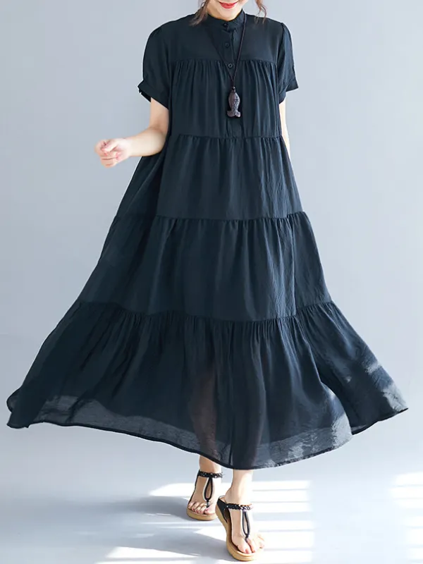 Loose Sleeveless Pleated Solid Color Split-Joint Round-Neck Midi Dresses
