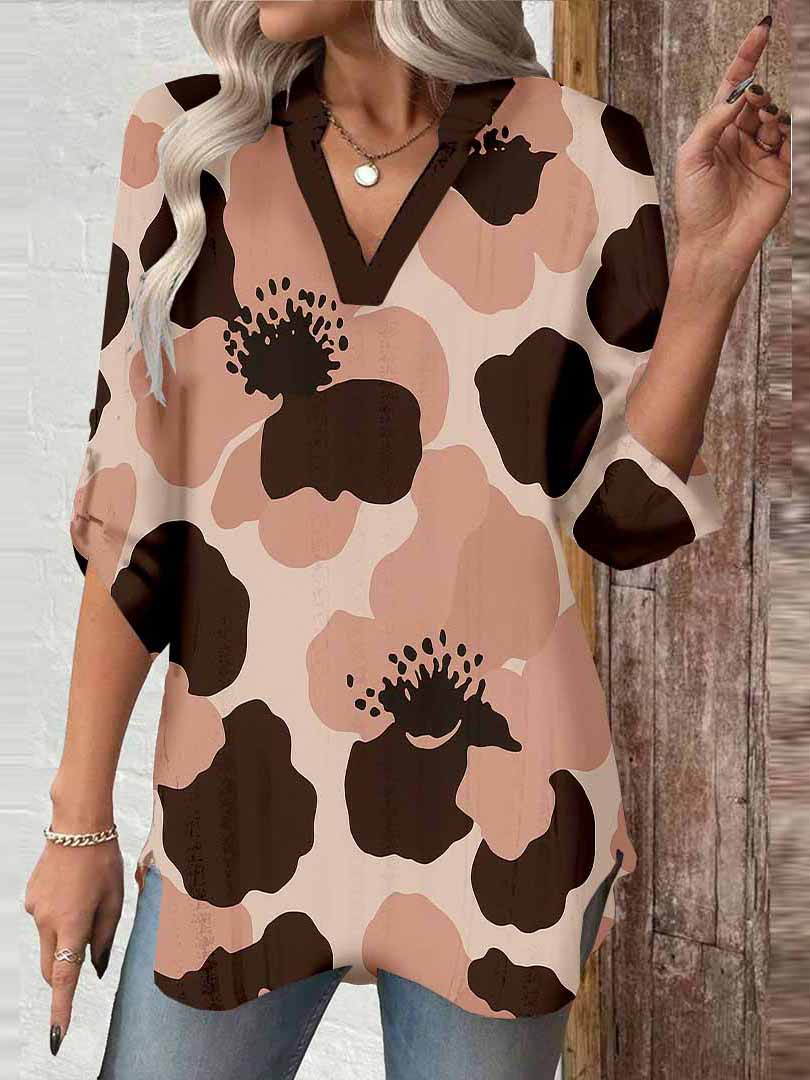 Women Animal, Pink, Black DZGA0150 3/4 Sleeve V-neck Printed Graphic Button Tops