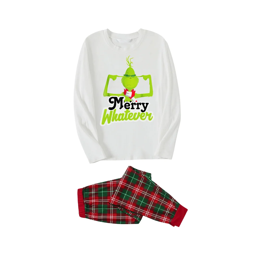 Funny Cartoon Pattern and "Merry Whatever" Printed Red & Green Plaid Family Matching Pajamas
