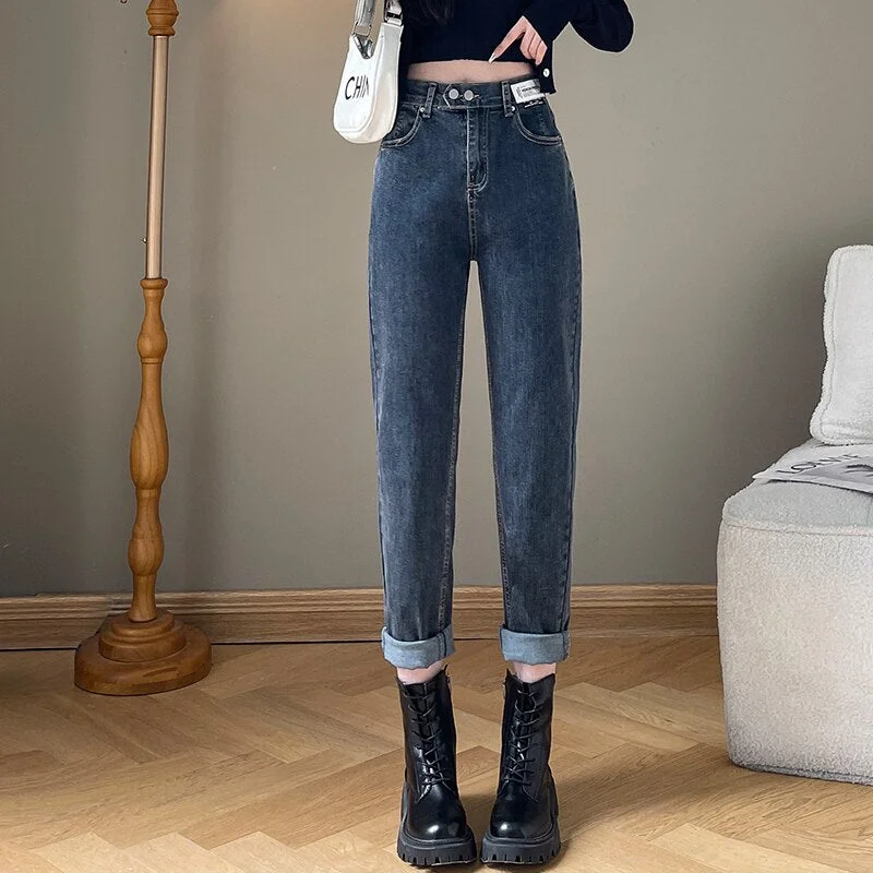 back to school baggy jeans n  2023 spring and summer jeans women's new stretch high waist back elastic waist nine part Harun straight pants