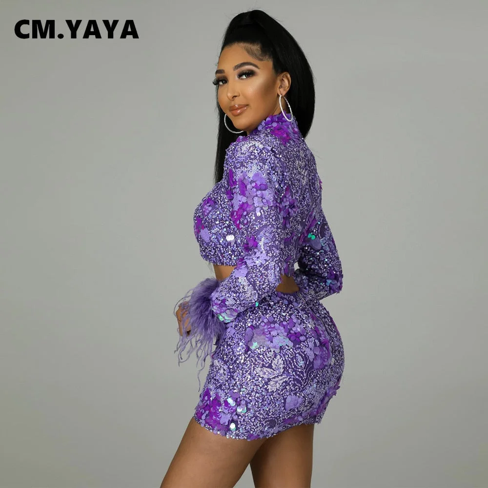 CM.YAYA Women Sequines Floral Mini Midi Skirts Suit and Feather Sleeve Crop Tops Beach Sexy Matching Two 2 Piece Set Outfits