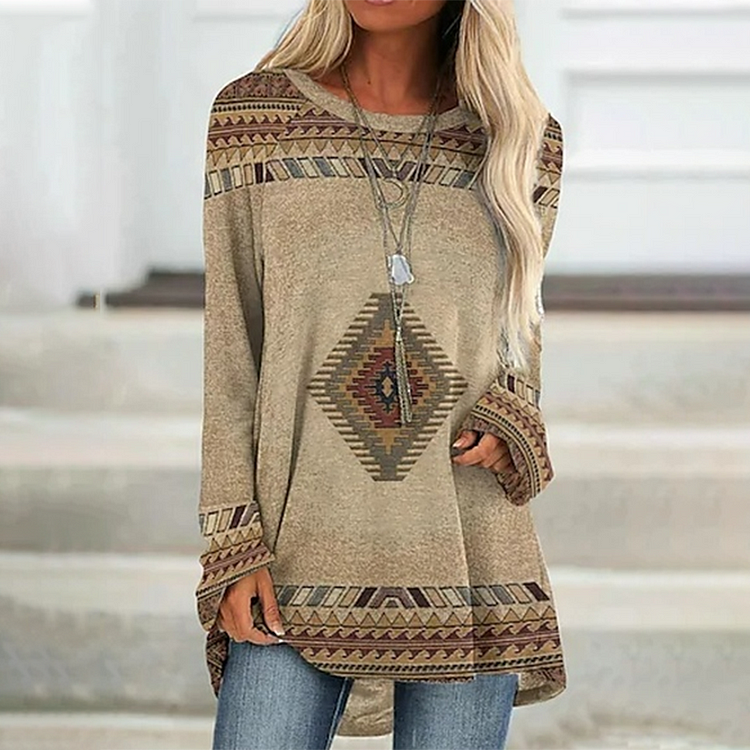 Vefave Western Print Crew Neck Casual Tunic