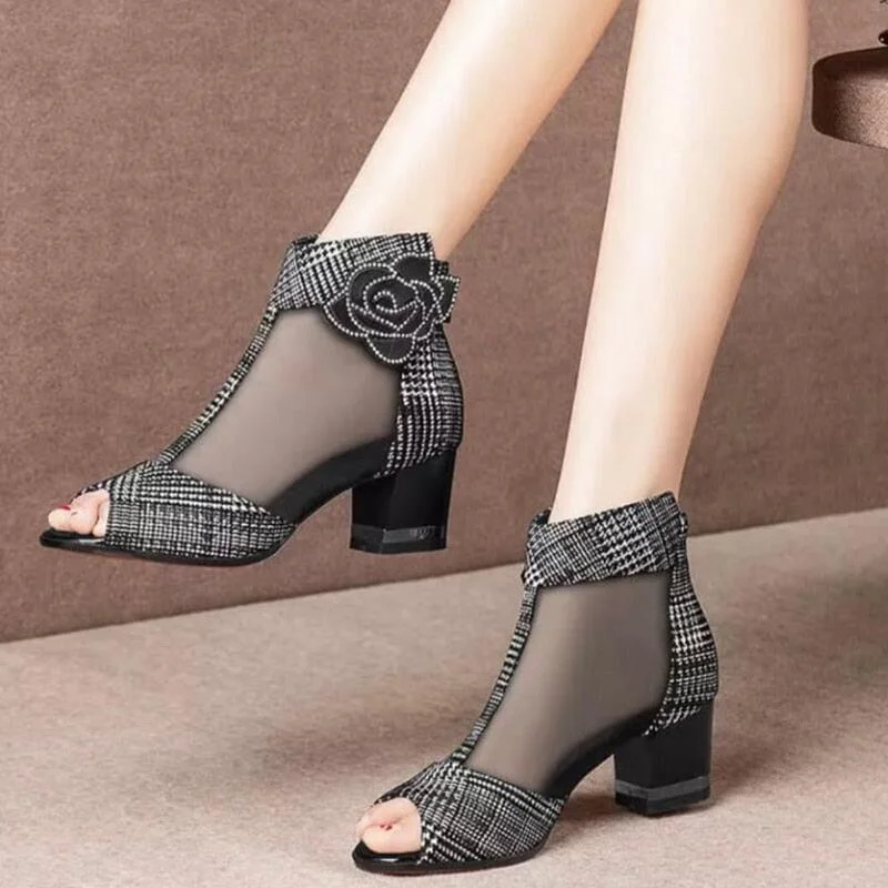 2020 NEW Sandals Boots Mesh Lace Shoe Woman Ankle Boots Peep toe High Heeled Sexy Shoes Back Zip Chunky Heel Flower Black  Red