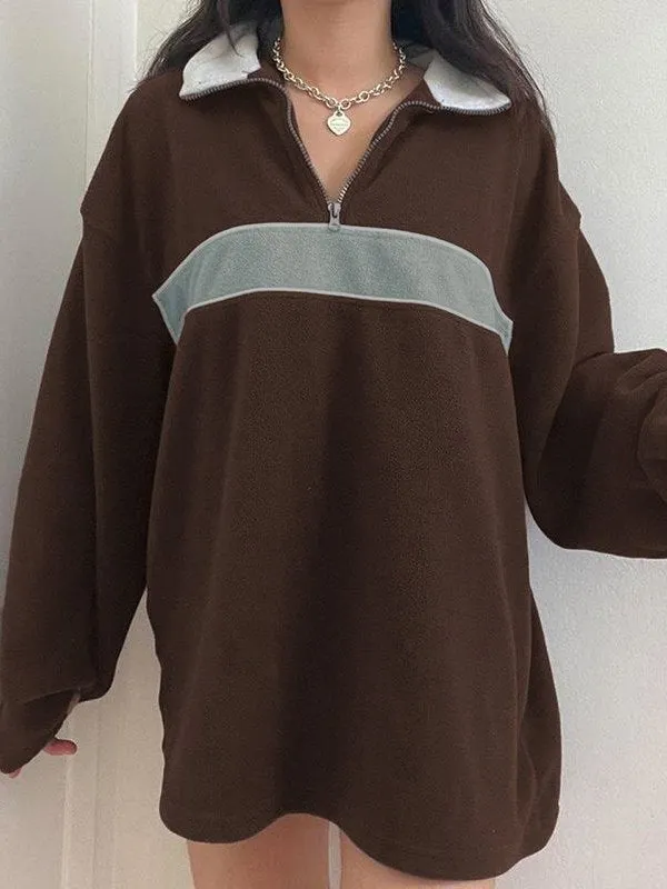 Brownm retro sports fleece sweatshirt with patchwork and zipper