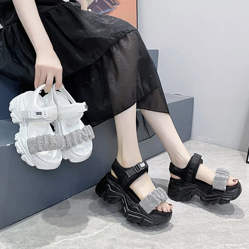 Vstacam  Platform Sandals Muffin Bottom 2022 Chunky Super High Heel Student Increase Summer Beach Shoes Heels Women Open Toe Shoes Bling