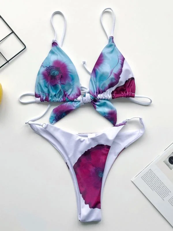 Floral-Print Knotted Triangles Split Bikini Swimsuit