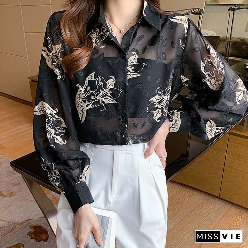Floral Print Puff Sleeve Chiffon Shirt