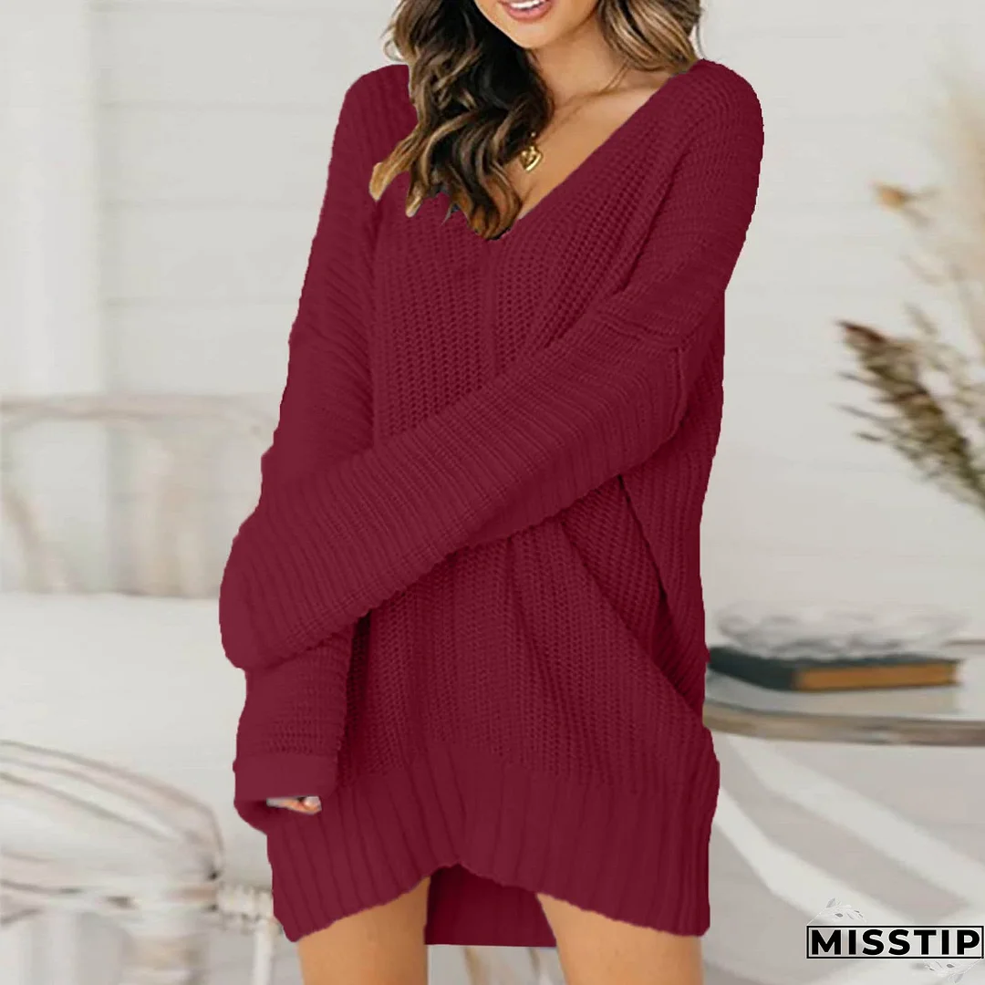 Fashion Loose V Neck Casual Solid Knit Sweater