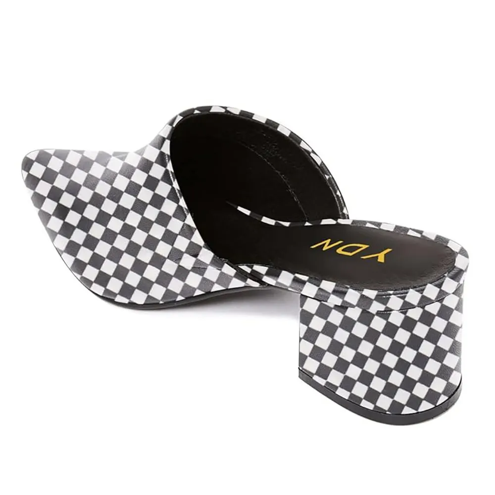 Black & White Checkered Pointed Toe Slip On Heeled Mules for Women