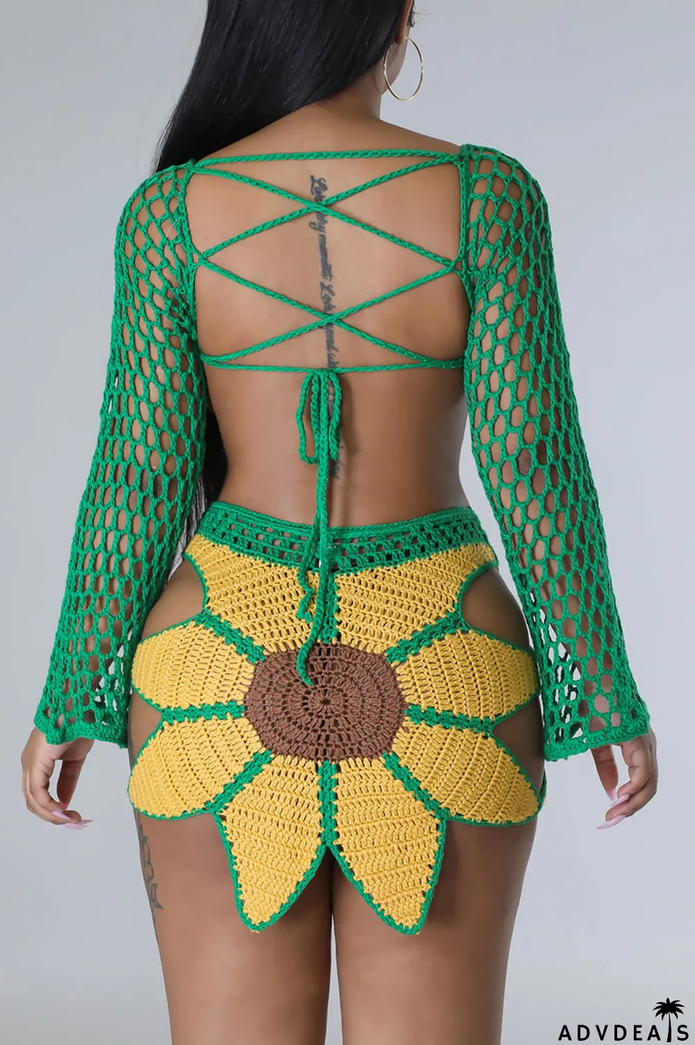 Green Yellow Sexy Solid Bandage Hollowed Out Patchwork Backless V Neck Long Sleeve Two Pieces