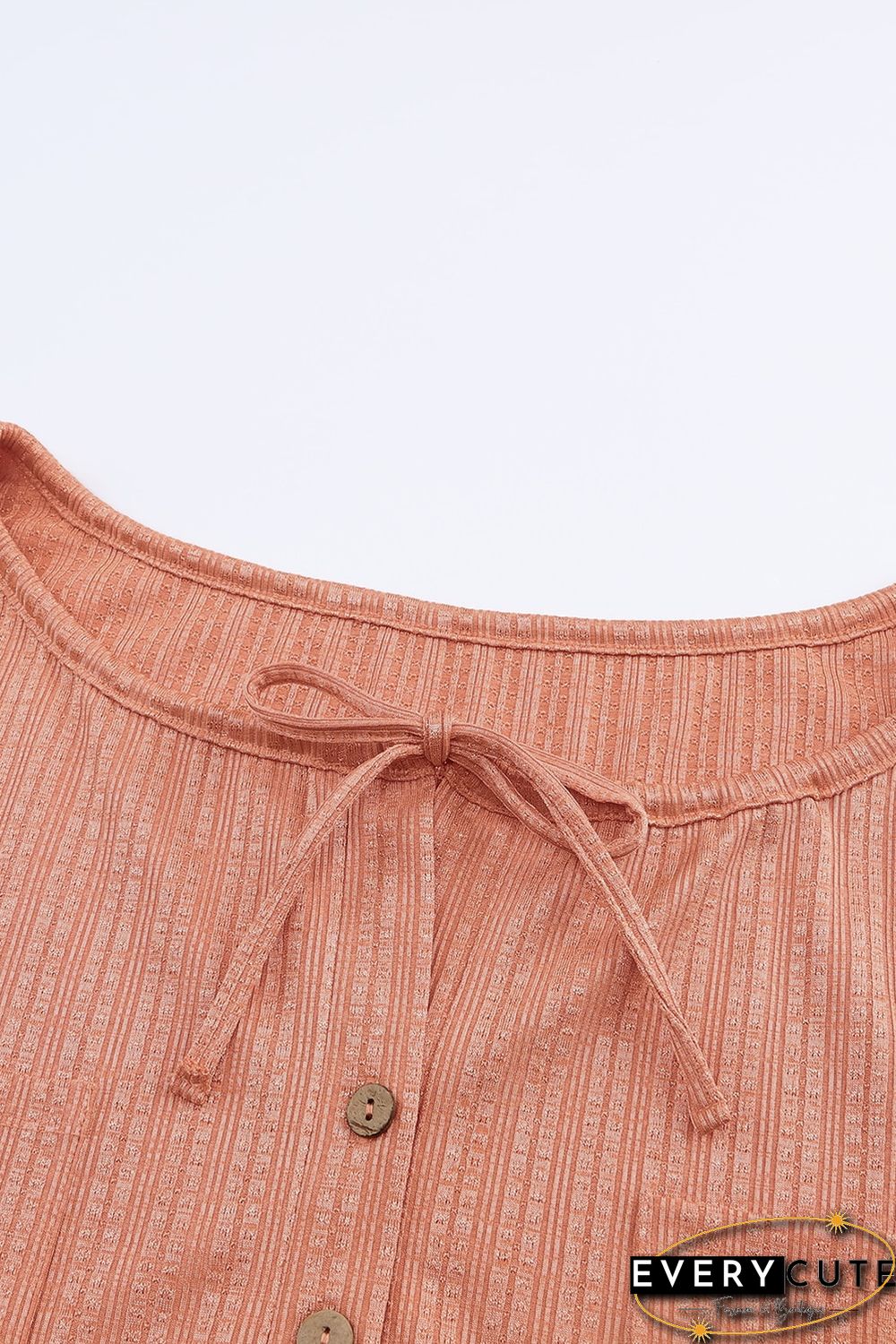 Orange Notched V Neck Buttoned Front Textured Loose Top