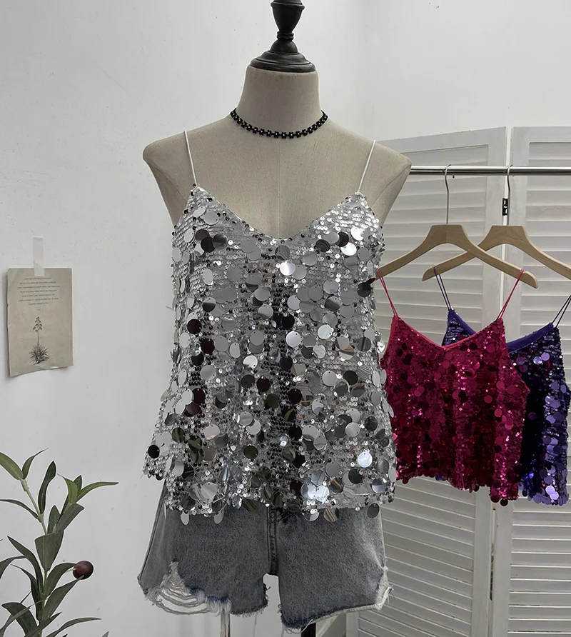 Nigikala Nigikala Shoot Hottie Sexy Night Club Heavy Bling Flash Shiny V Tie Sling Vest Sleeveless Top 3032