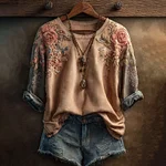 Women's Retro Rose Color Block Casual Long-sleeve T-shirt - Image 2