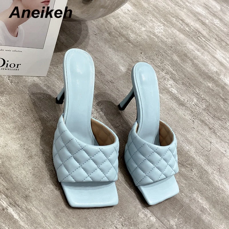 Aneikeh NEW Sexy PU Diamond Square Head Peep Toe Thin High Heels Slippers Summer Fashion Slip On Slides Women Mules Party Shoes