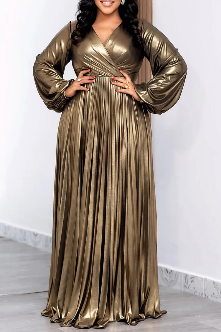 Plus Size Wedding Guest Gold Wrap Neck Puff Sleeve Long Sleeve Pocket Elegant Pleated Metallic Midi Dresses [Pre-Order] 2024 - Xpluswear