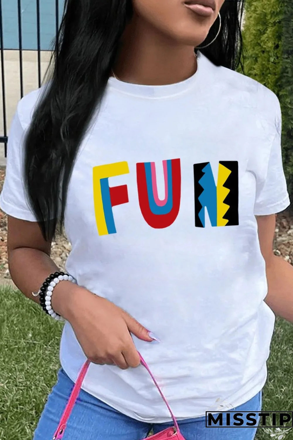 White Casual Letter Print Basic O Neck T-Shirts