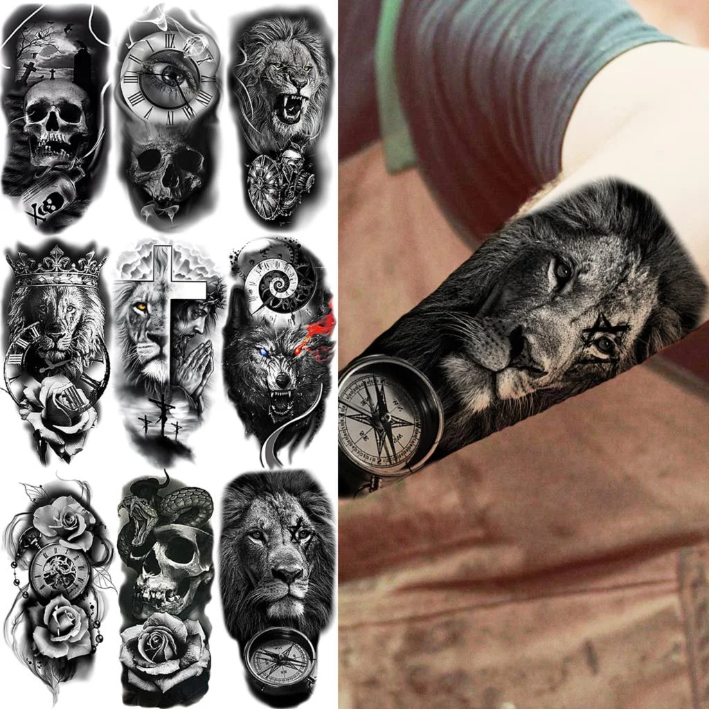 Lion Compass Temporary Tattoos For Men Adults Realistic Skull Cross Praying Wolf Snake Fake Tattoo Sticker Arm Body Tatoos