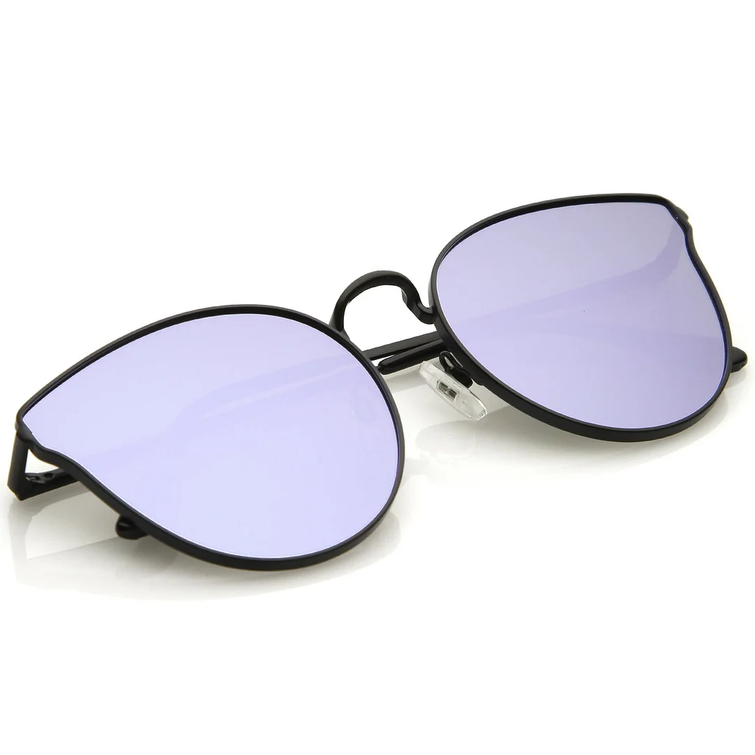 Premium Metal Cat Eye Sunglasse With Slim Arms And Round Colored Mirror Flat Lens 54mm