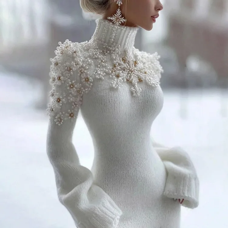 Vintage Classy Snowflakes Art Cable Knit Sweater Dress