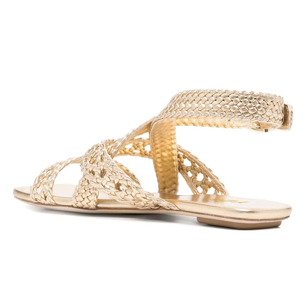 Metallic Finish Open Toe Braided Ankle Strap Flat Gold Sandals