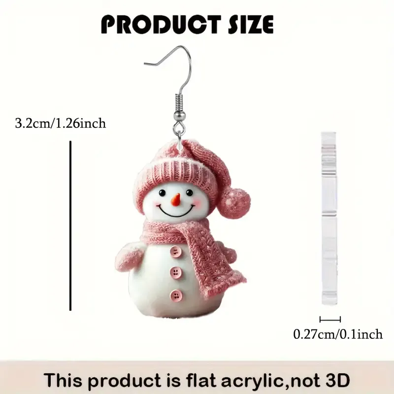 2d flat pair of elegant pink Acrylicchristmas snowman earrings with knit hat scarf vintage style festive holiday decor perfect gift for friends and     christmas earrings 6