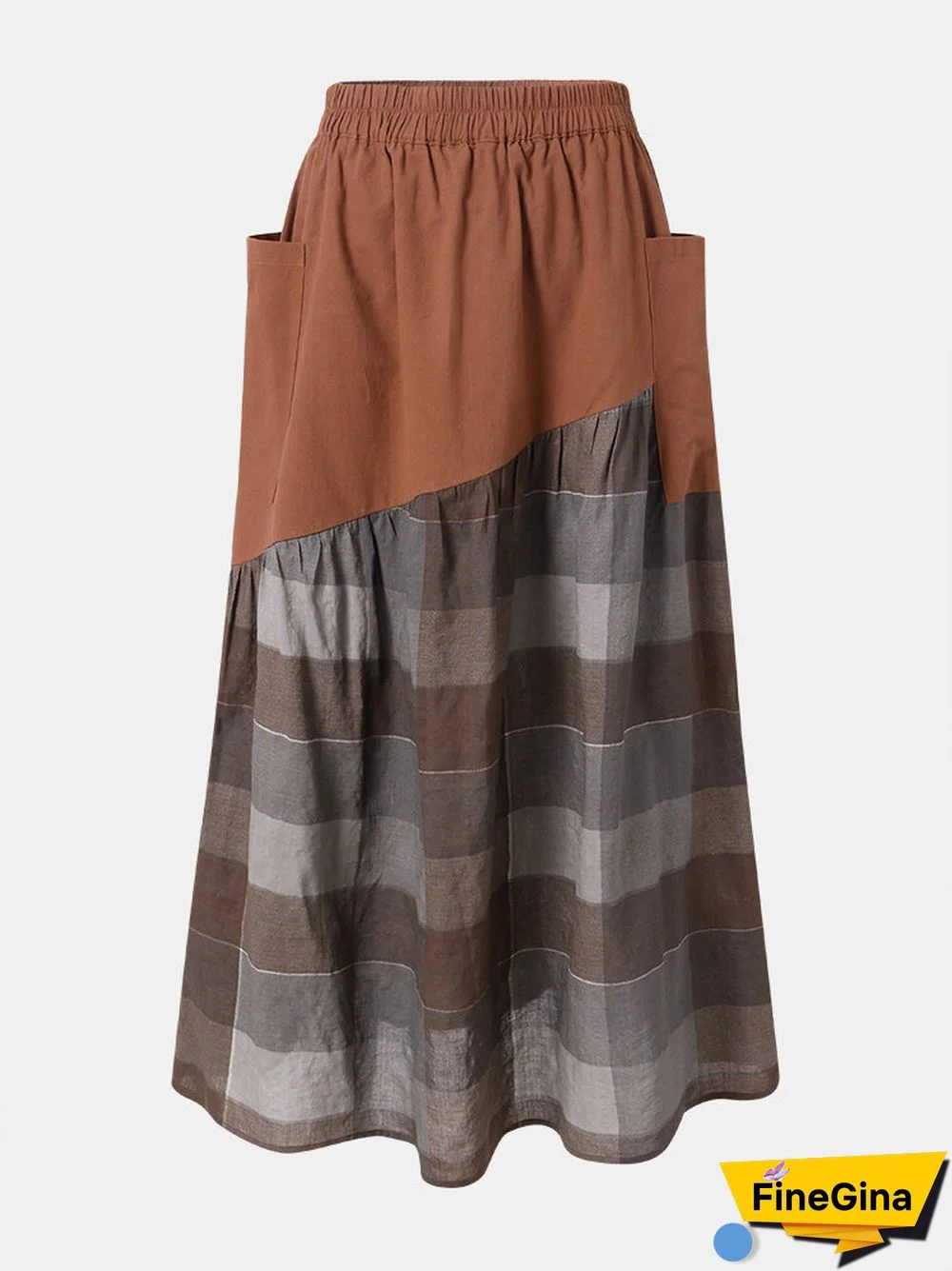 Plaid Print Patchwork Pocket Long Casual Skirt