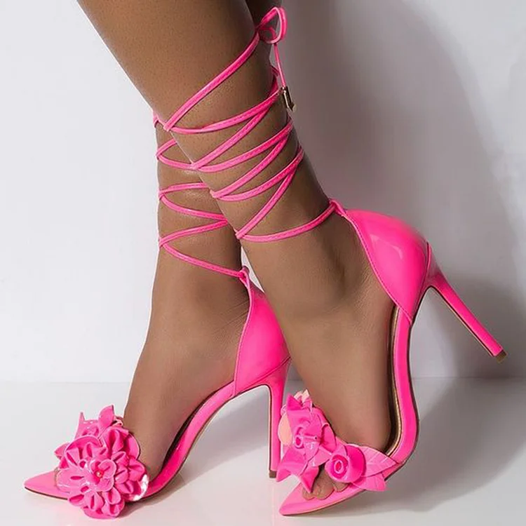 Neon Pink Patent Leather Stiletto Shoes Strappy Floral Heeled Sandals |FSJ Shoes