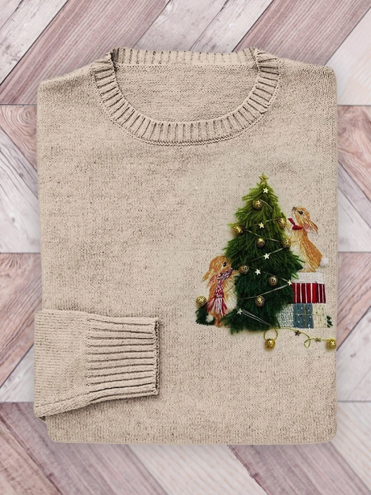 Christmas Tree & Bunny Embroidery Art Cozy Knit Sweater