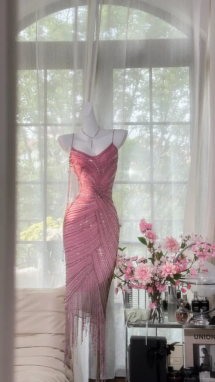 Pink Elegant Gorgeous Exquisite Beaded Tassel Midi/Short Tulle Chiffon Homecoming Dress Cocktail Party Dress Ball Dress Evening Dress Birthday Party Dress Prom Dress