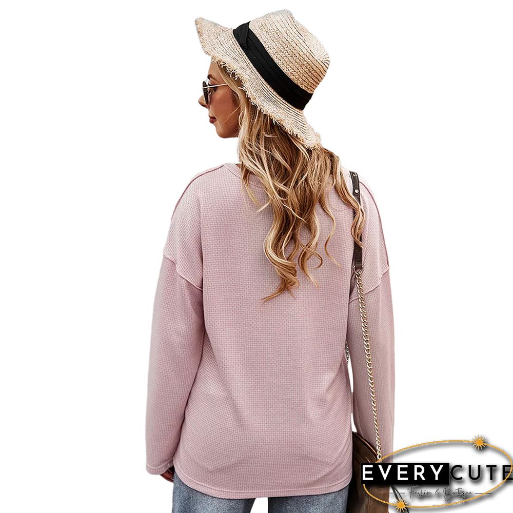 Pink Button V Neck Drop Shoulder Sweater