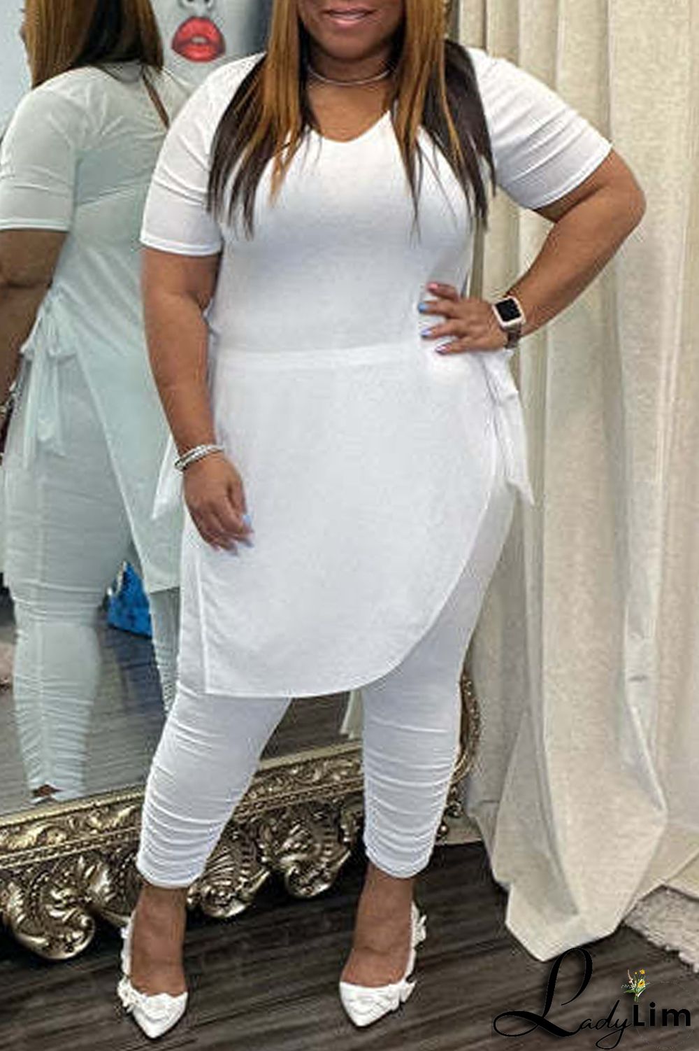 Black Fashion Casual Solid Bandage Slit Asymmetrical O Neck Plus Size Two Pieces