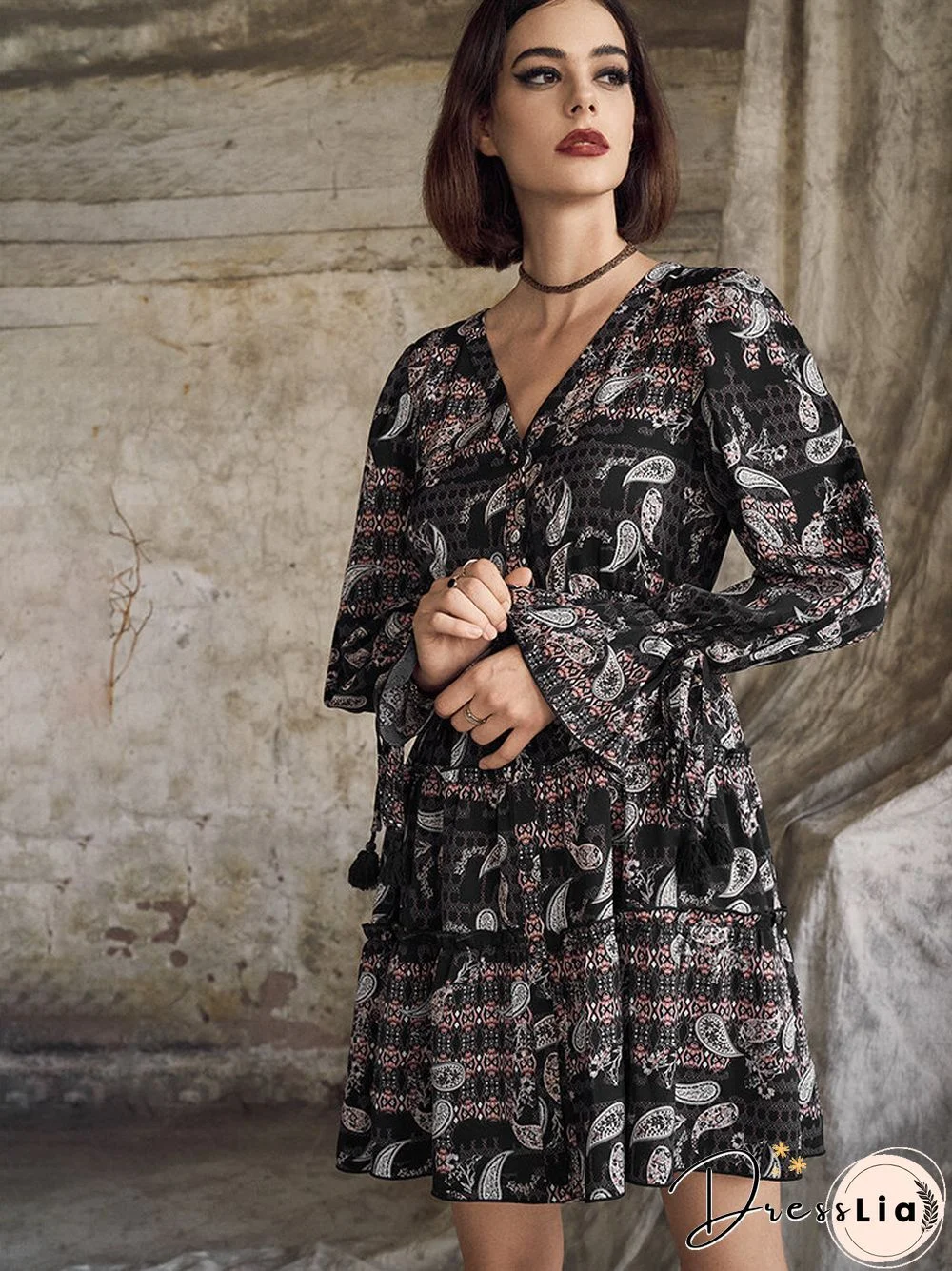 Random Vintage Paisley Print Long Sleeve Tie V-neck Dress