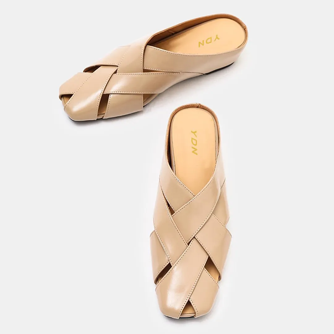 Nude Vegan Leather Square Toe Woven Flat Casual Mules for Women