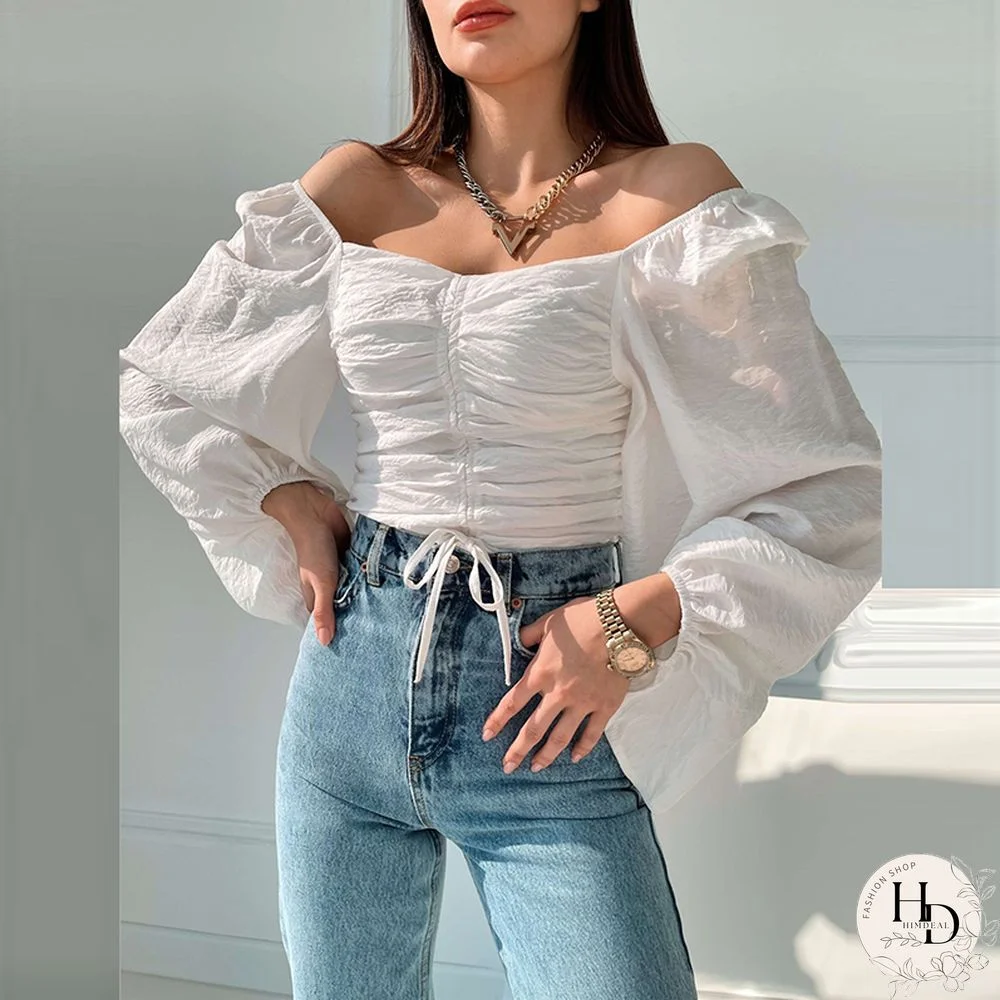 Elegant Casual Drawstring Lace-up Pullover Sexy Off Shoulder Solid Blouse Tops Autumn Lantern Sleeve Backless Draped Shirt Blusa