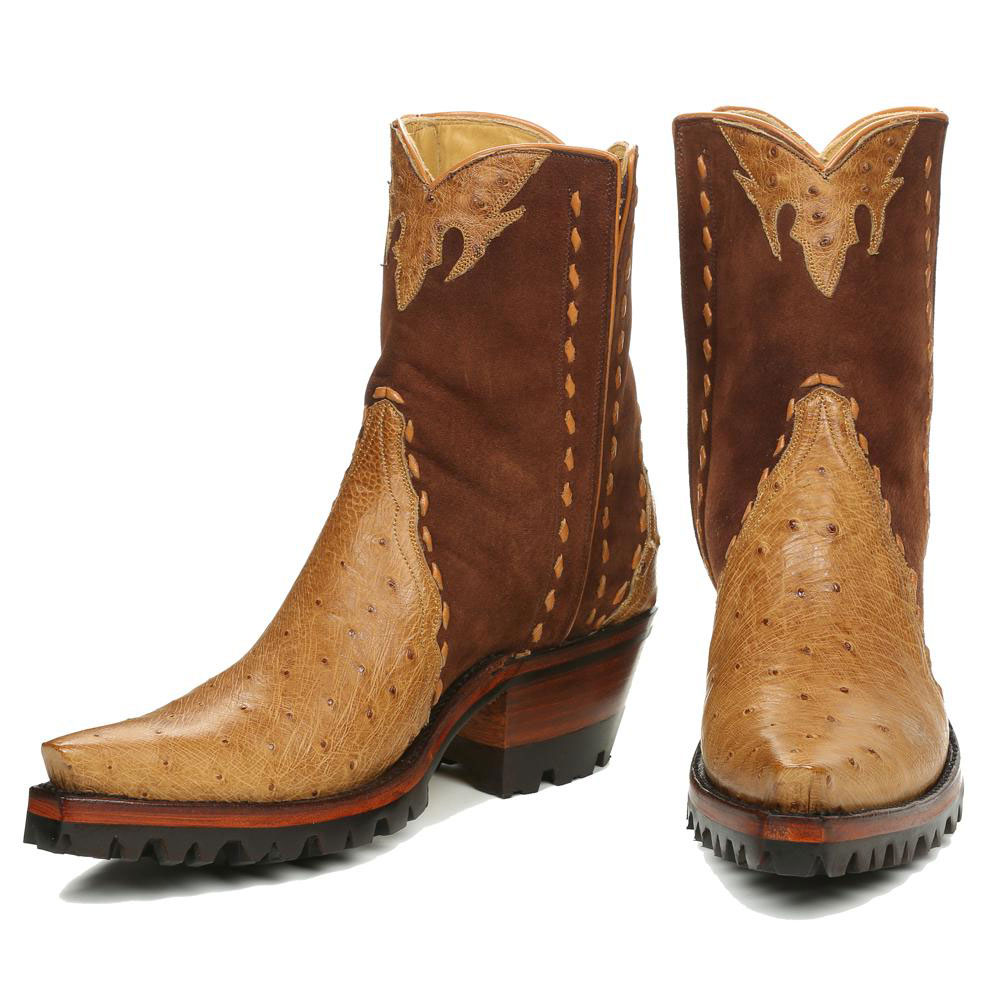 Ostrich Embossed Patchwork Snip Toe Cowgirl Boots in Brown & Tan Nicepairs